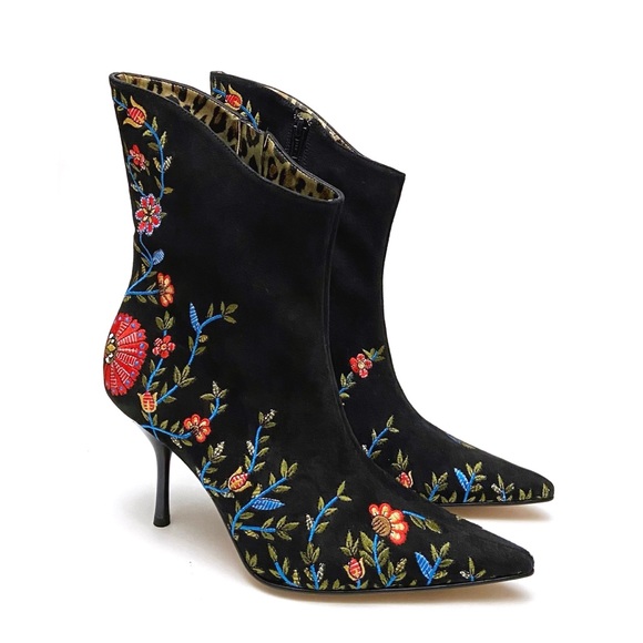 Beverly Feldman Shoes - Beverly Feldman Black Suede Floral Embroidered Stiletto Boots NEW